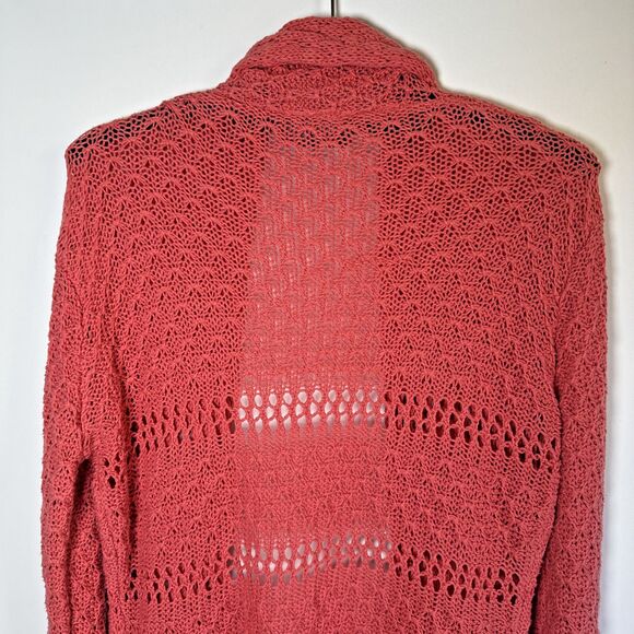 Wooden Ships Open Knit Cardigan Sweater M/L Salmon Red Boho Lightweight Layering - Picture 5 of 11